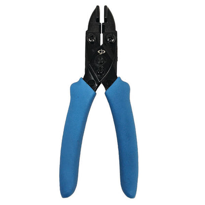 The INF THL-390 Professional Crimp Tool for Telecom Splices, suitable for 19-26AWG (UR/UG) and 22-26AWG (UY), features black hardened carbon steel jaws and blue ergonomic rubber handles, shown against a white background.