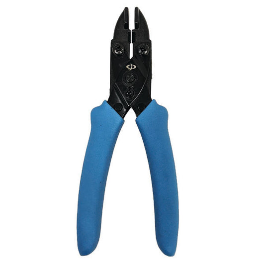 The INF THL-390 Professional Crimp Tool for Telecom Splices, suitable for 19-26AWG (UR/UG) and 22-26AWG (UY), features black hardened carbon steel jaws and blue ergonomic rubber handles, shown against a white background.