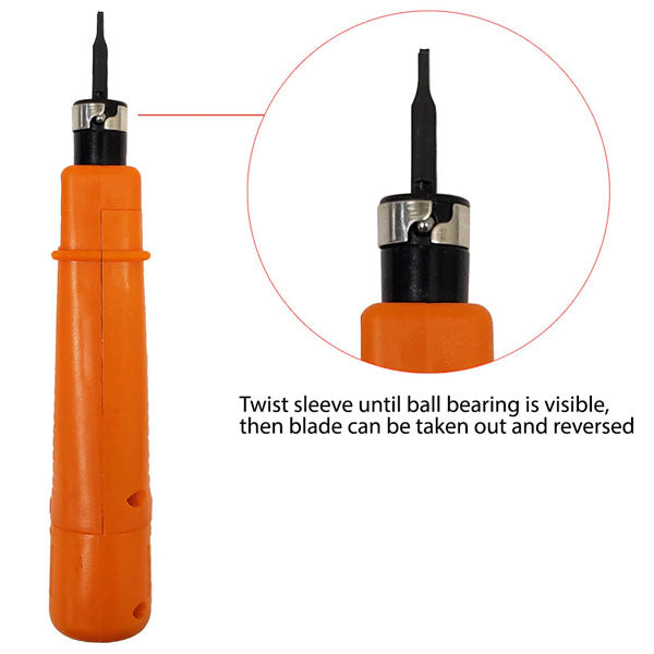 The INF Impact Punchdown Tool - 110/88 Style, shown in orange with a black tip, is displayed whole and close-up. Twist the sleeve until the ball bearing appears; then remove and reverse the blade for 110/88 jack use.