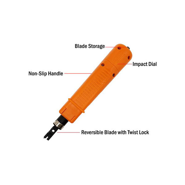 The INF Impact Punchdown Tool - 110/88 Style features an orange non-slip handle, blade storage at the top, impact dial near the top, and a twist-lock reversible blade for 110/88 jacks at the bottom.