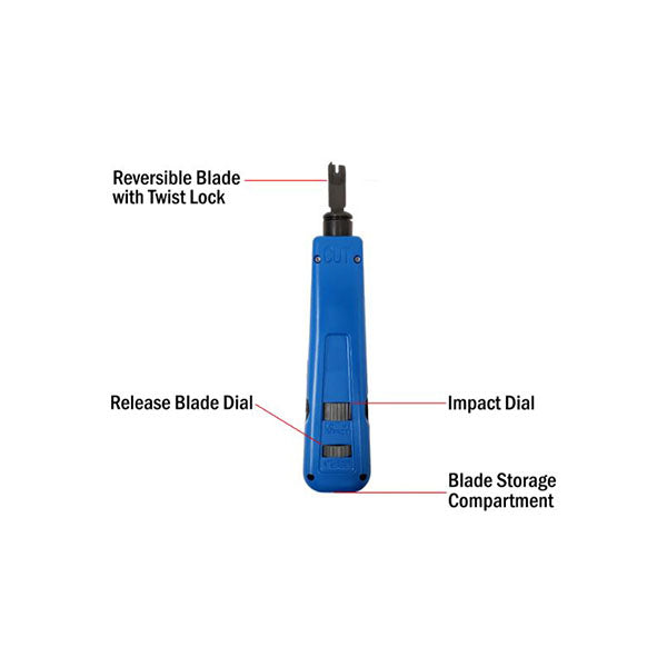 The INF Impact Punchdown Tool - 110/88 Style features a reversible blade with twist lock, release blade dial, impact dial, and a storage compartment—plus a hook and mini screwdriver—for precise work on 110/88 jacks.
