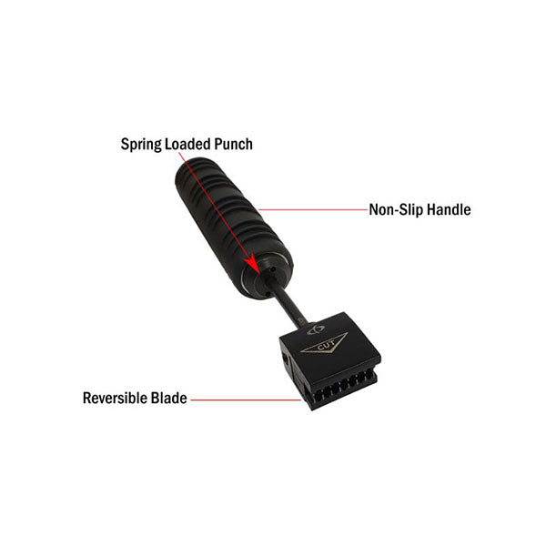 The INF Professional 110/88 Style Impact Punchdown Tool - 4 Pair features a spring-loaded design, non-slip handle, and reversible blade for connecting wires to CAT5e patch panels or terminal blocks; shown with labeled parts on a white background.