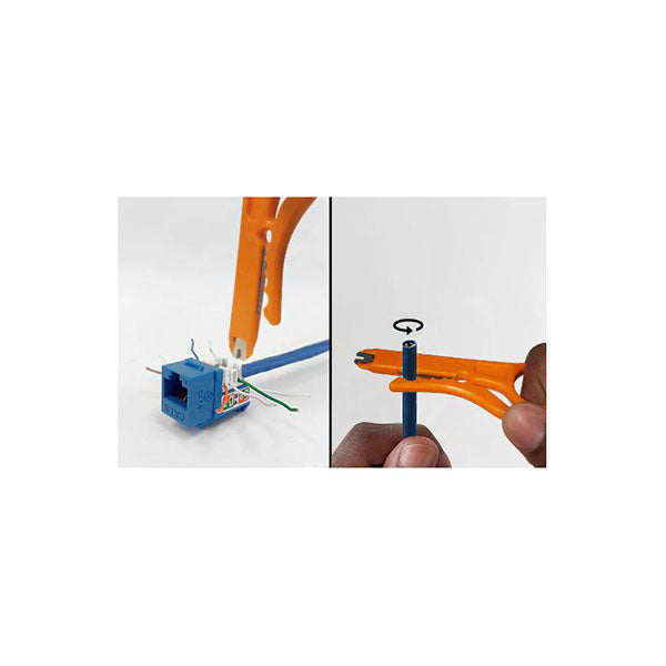 A hand uses the INF 110 Punch-down and Strip Tool (for wire diameters 5mm-6.2mm) to strip a blue cable, while another view shows the tool rotating beside a keystone jack with exposed wires, ready for use with 110 style jacks.