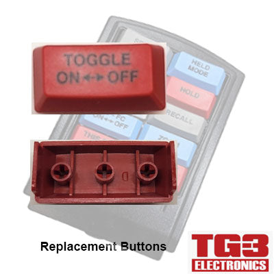 Image of red TG3 Bump Bar Key Caps by PCPOS Systems A2 for a keypad, with the top button labeled TOGGLE ON↔OFF and visible attachment points. In the background, partially visible Drive-Thru Kitchen Video System buttons and TG3 Electronics branding appear.