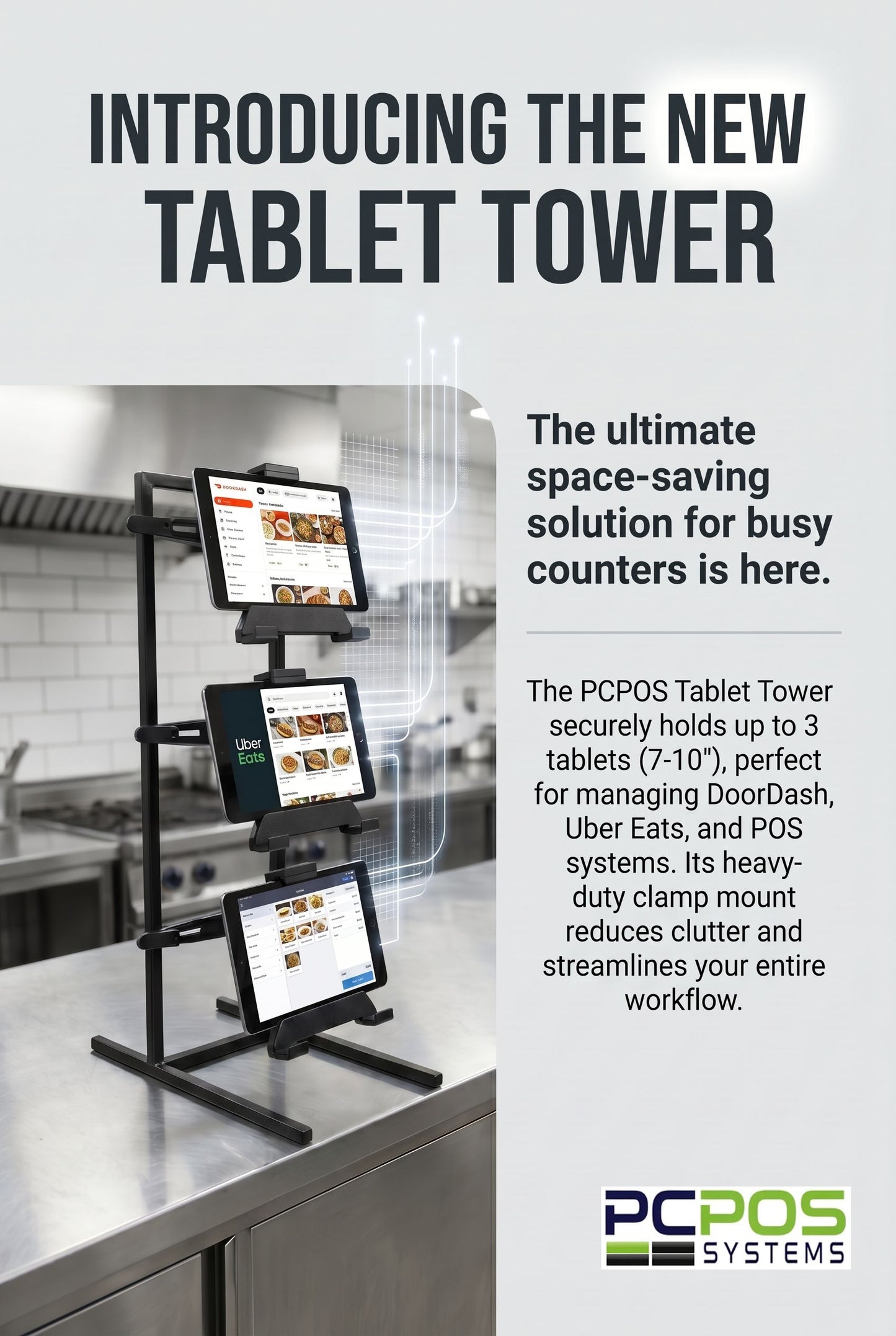 The Heavy-duty PCPOS Tablet Tower by PCPOS Systems securely holds up to 3 tablets (7–10”) for DoorDash, Uber Eats, and POS apps—ideal for organizing food delivery tablets on busy counters. Features PC POS Systems logo at the base.