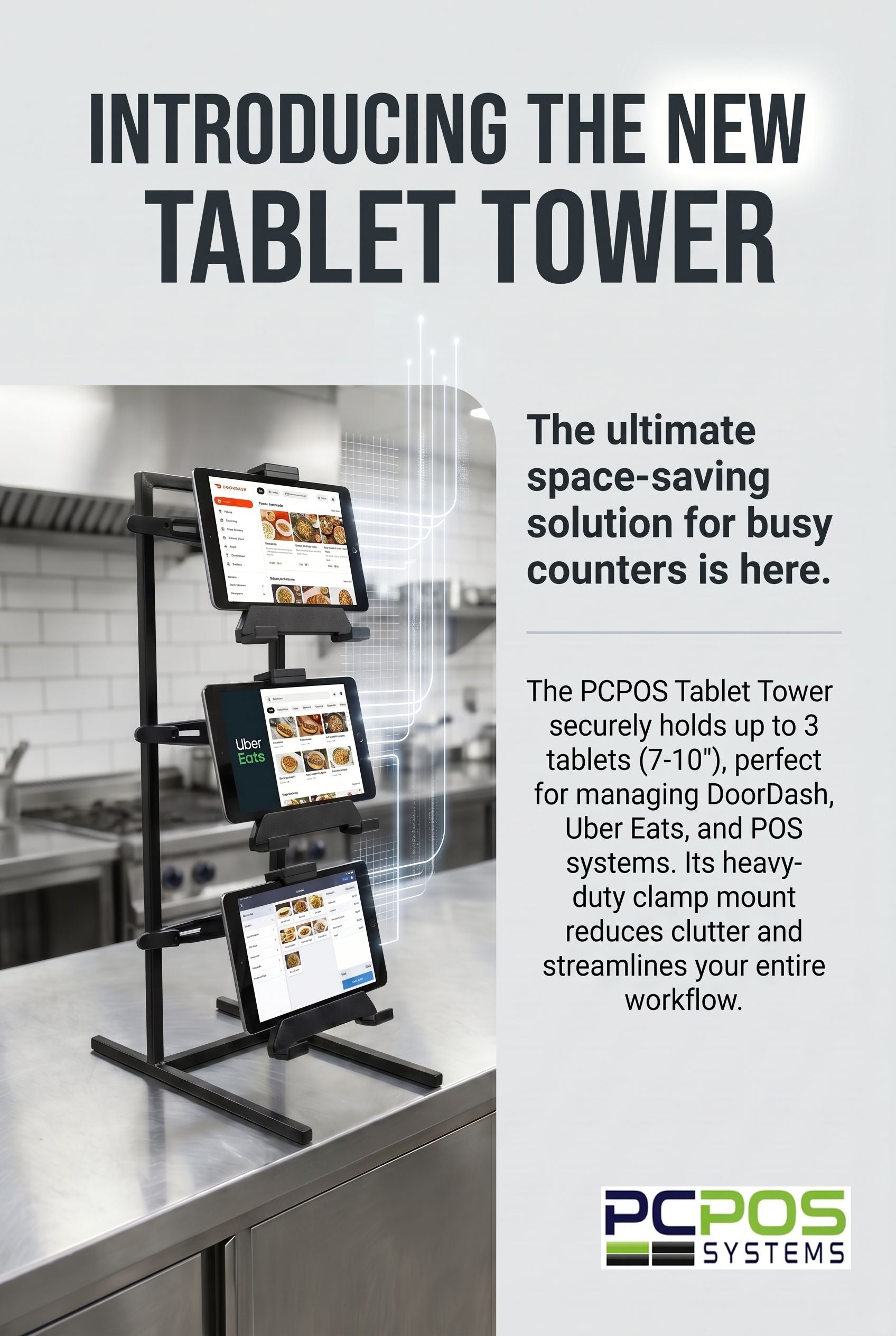 The Heavy-duty PCPOS Tablet Tower by PCPOS Systems securely holds up to 3 tablets (7–10”) for DoorDash, Uber Eats, and POS apps—ideal for organizing food delivery tablets on busy counters. Features PC POS Systems logo at the base.