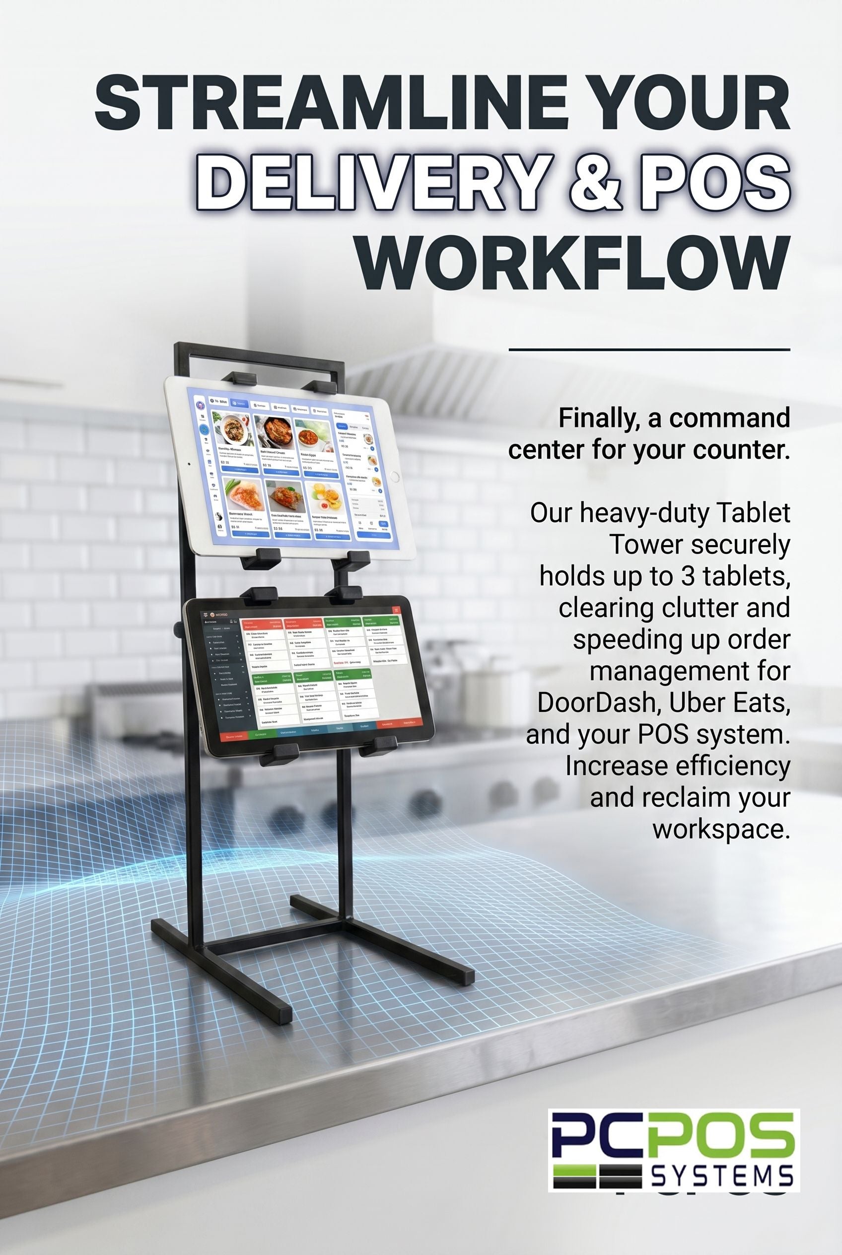 The Heavy-duty PCPOS Tablet Tower by PCPOS Systems secures up to 3 tablets (7–10") for DoorDash, Uber Eats, and POS apps, streamlining restaurant delivery and sales workflows.