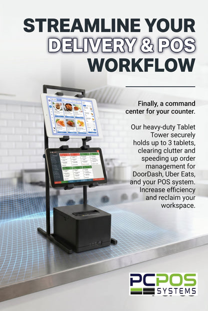 The Heavy-duty PCPOS Tablet Tower by PCPOS Systems holds up to 3 tablets (7–10”), ideal for DoorDash, Uber Eats, and POS. Displayed with a printer on the counter, it streamlines workflows and reduces clutter. PCPOS Systems logo shown.