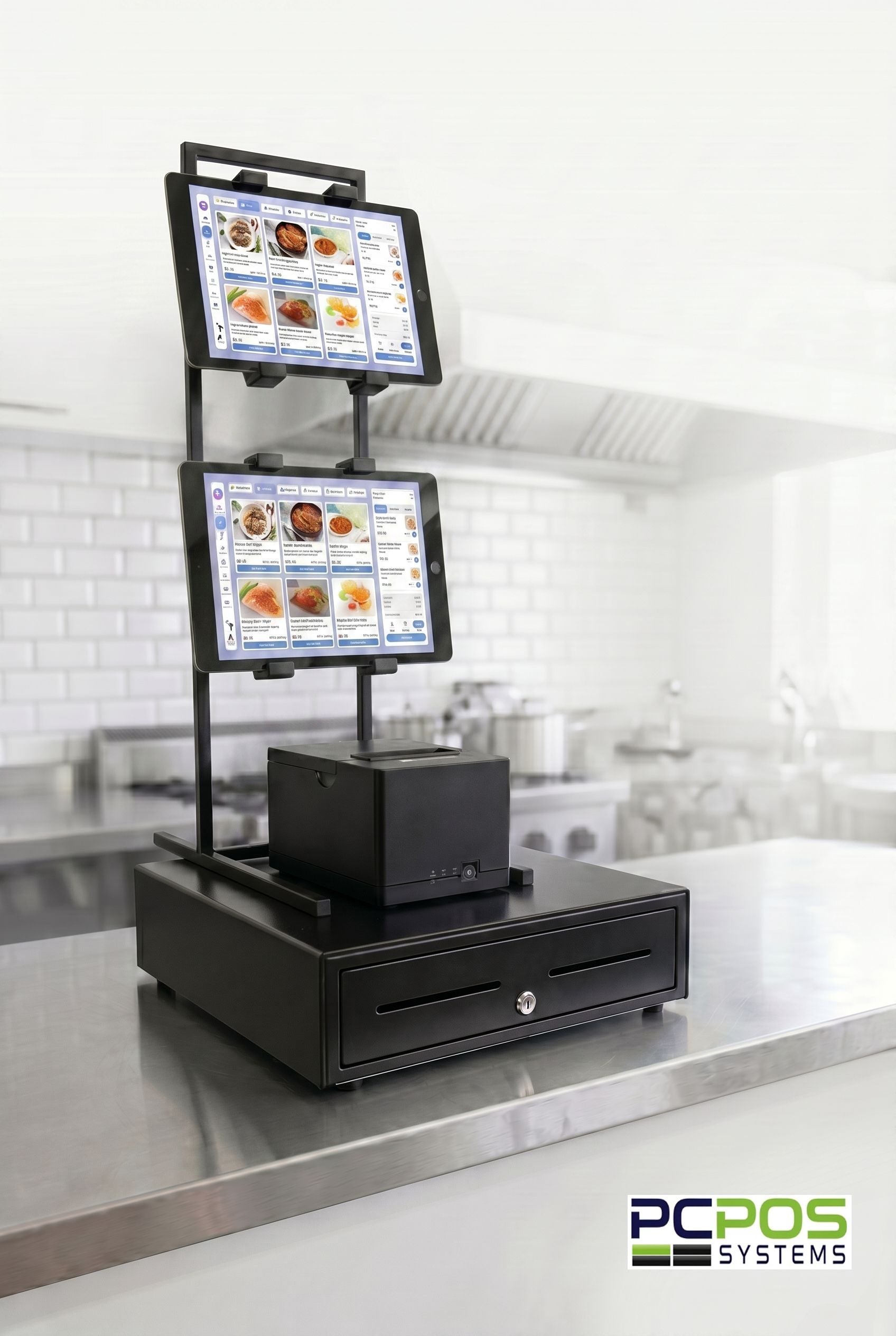 A heavy-duty PCPOS Tablet Tower by PCPOS Systems holds up to 3 tablets (7–10”) for DoorDash, Uber Eats, and POS use. It features menu displays, a receipt printer, and cash drawer, secured on a stainless steel counter in a commercial kitchen.