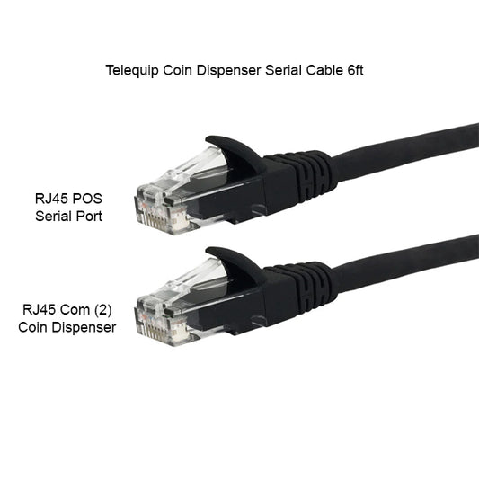 Two black 6-foot PCPOS Systems Telequip Coin Dispenser Cables (RJ45 to RJ45), labeled POS Serial Port Connection and Com (2) Coin Dispenser.