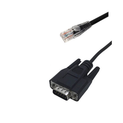 The PCPOS Systems Telequip Coin Dispenser Cable RJ45 to RS232 2 features an RJ45 connector and a black DB9 RS232 serial connector, ideal for POS Serial Port Connection, and is shown on a white background.