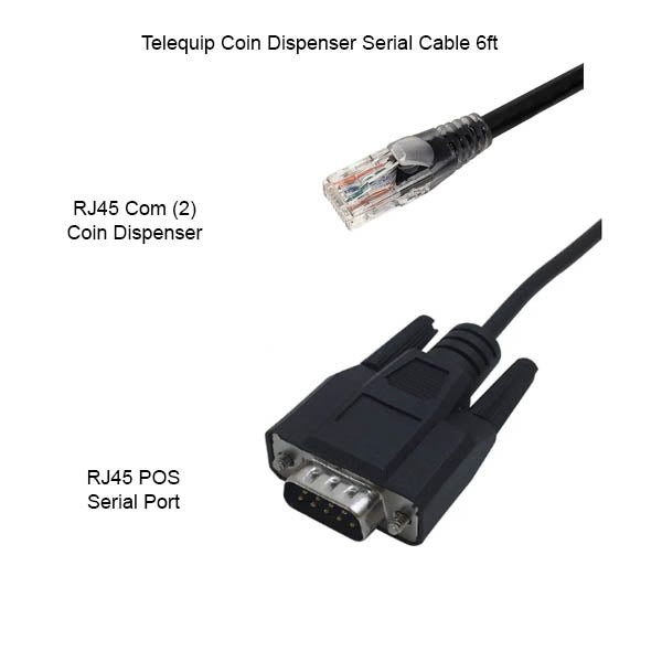 PCPOS Systems Telequip Coin Dispenser Cable RJ45 to RS232 2, 6 ft, features RJ45 and DB9 connectors for secure POS serial connection. RS232 compatible; labeled for coin dispenser and POS serial port ends.