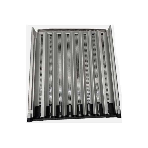 The CPI Telequip T-Flex Canadian Coin Cannister is a metal tray with multiple parallel slots and perforations for organizing coins, shown from above on a white background.