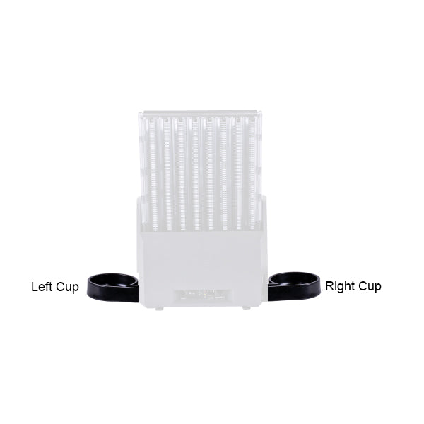 The CPI Coin Dispenser Cup is a white rectangular device with vertical slots and two black circular cups labeled Left Cup and Right Cup, set against a plain white background.