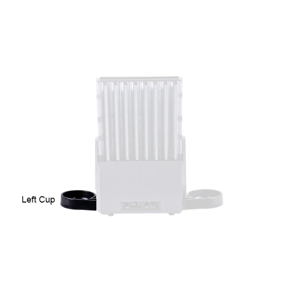 The CPI Coin Dispenser Cup is a white rectangular device with vertical slots, featuring a black cup labeled "Left Cup" on the left side and a white cup on the right. The background is plain white.