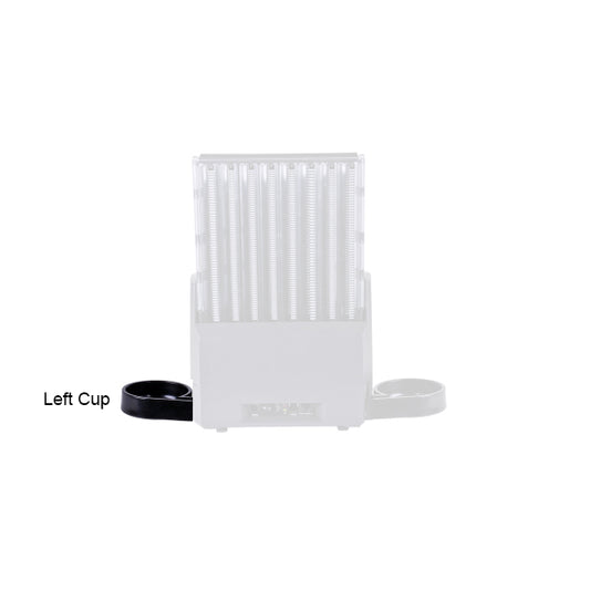 The CPI Coin Dispenser Cup is a white rectangular device with vertical slots, featuring a black cup labeled "Left Cup" on the left side and a white cup on the right. The background is plain white.