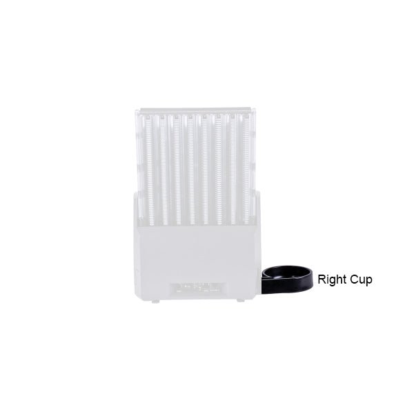 A CPI Coin Dispenser Cup, made of white plastic with vertical slots and a black circular right-side attachment, is shown against a plain white background.
