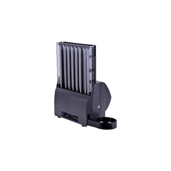 The CPI T-Flex Canadian Coin Dispenser is a black device with a vertical, transparent coin storage compartment and a round dispensing tray at the front, designed for convenient coin handling.