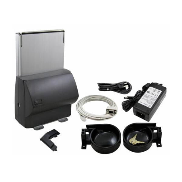 The CPI T-Flex Canadian Coin Dispenser set includes a black and silver dispenser, two black round units, power adapter, network cable, power cord, plastic cover, and keys for efficient cash transactions.