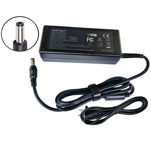 The PCPOS Systems Telequip T-Flex Automatic Coin Dispenser 310-381LD AC/DC Adapter Power Supply features a long black cord with a cylindrical tip and standard plug, ideal for your dispenser needs.