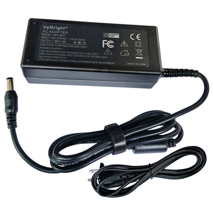 The PCPOS Systems Telequip T-Flex Automatic Coin Dispenser 310-381LD AC/DC Adapter Power Supply is a black unit with an attached power cable, barrel connector, safety certifications, voltage info, and clear usage instructions on its label.