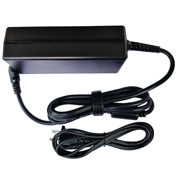 The PCPOS Systems Telequip T-Flex Automatic Coin Dispenser 310-381LD AC/DC Adapter Power Supply is shown in black with an attached cable, next to a separate coiled power cord, both on a white background.