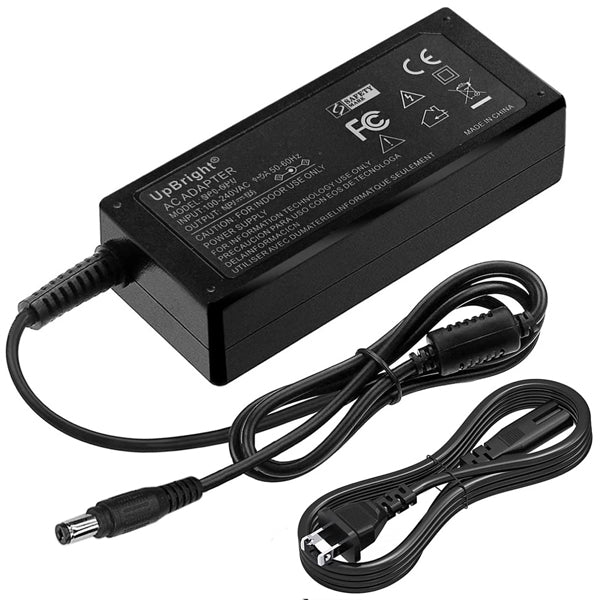 The PCPOS Systems Telequip T-Flex Automatic Coin Dispenser 310-381LD AC/DC Adapter Power Supply features a black design with white labeling, an attached cable, and a separate black power cord—shown on a white background.