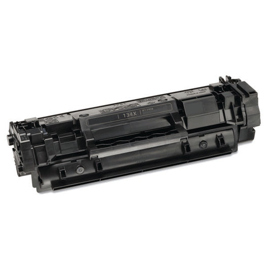 The PCPOS Systems Compatible Toner Cartridge Replacement for HP LaserJet M209dw is a black cartridge with ridges, slots, and a "134X" label on top, shown against a white background.