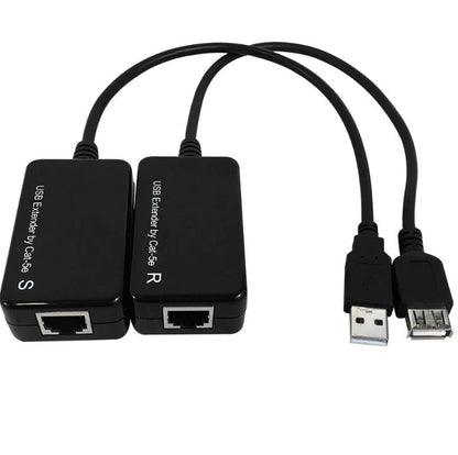 Two PCPOS Systems A1 USB 1.1 Extender adapters with black finish connect via a long Cat5e cable, featuring a USB port and Ethernet ports marked S and R. The plug-n-play cable ends in a USB plug and socket, extending up to 60m.