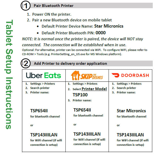 ADD 3-in-1 Skip The Dishes, Uber Eats & DoorDash Printer setup instructions cover pairing via WiFi or Bluetooth, selecting channels, supported models, and connecting to each platform.