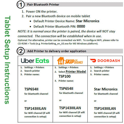 ADD 3-in-1 Skip The Dishes, Uber Eats & DoorDash Printer setup instructions cover pairing via WiFi or Bluetooth, selecting channels, supported models, and connecting to each platform.