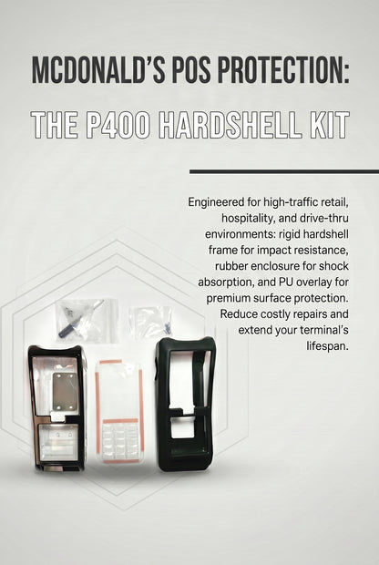 Promotional image for MainTech99 Verifone P400 Hardshell Assembly Kit, showcasing a durable POS terminal case and components designed for impact resistance, shock absorption, and enhanced payment terminal durability.