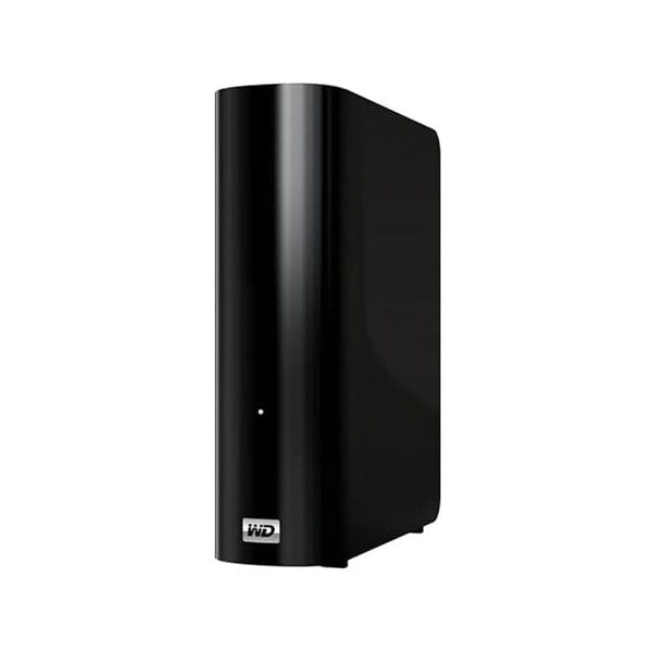 The PCPOS Systems Western Digital My Book Essential 1TB USB 3.0/2.0 Desktop External Hard Drive (WDBACW0010HBK-NESN) features a sleek black glossy finish and stands upright, with the WD logo at the bottom front for a stylish look.