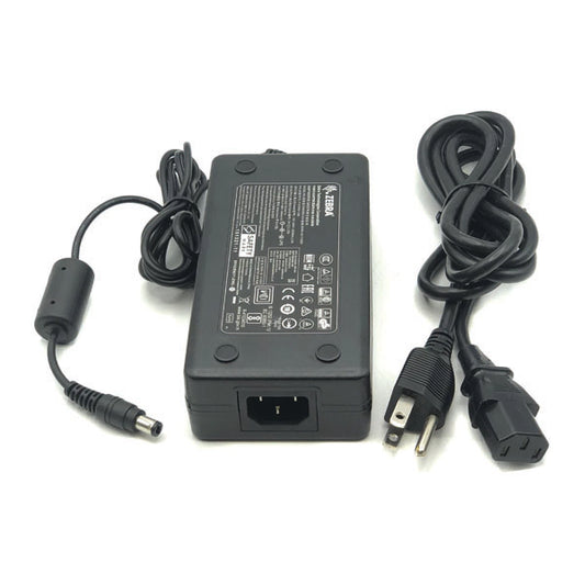 A PCPOS Systems NCR 8770308477 AC adapter for Zebra ZD620 printer (VPN: P1086001-006, Class: 7932-5222) with labeled adapter, DC output cable, and separate three-prong power cord, displayed on a white background.