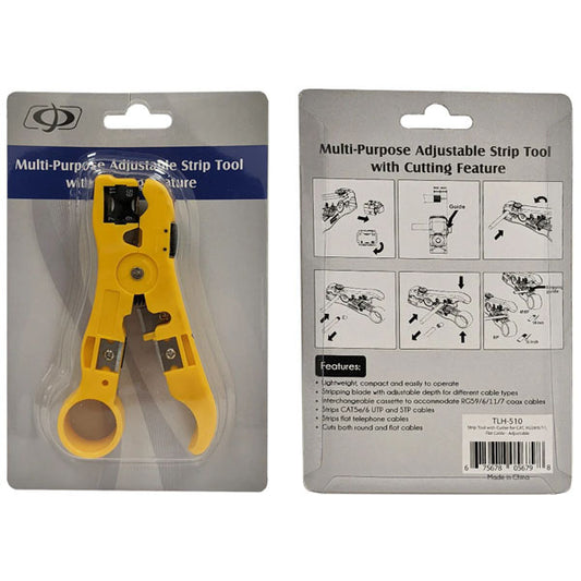 Front and back views of the INF Professional Adjustable Cable Jacket Strip Tool with Cutter, suitable for CAT5e, CAT6, CAT6A, RG59, RG6, RG11, RG7 & flat cables. Back shows instructions and features for stripping and cutting with 2 blades.