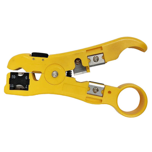 The INF Professional Adjustable Cable Jacket Strip Tool features 2 blades and a cutter for stripping insulation from CAT5e, CAT6, RG59, RG6, RG11, RG7, and flat cables—ideal for networking, telephone & coaxial cables.