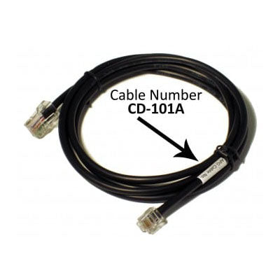 The PCPOS Systems A1 APG Cash Drawer Cable features a black coiled design with clear connectors on both ends. A label reading Cable Number CD-101A is centrally placed, highlighting its compatibility with Star printers, and an arrow indicates the labels location.