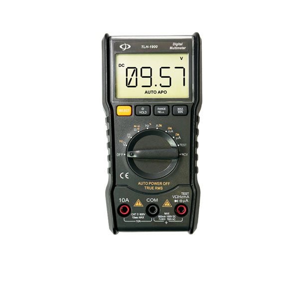 The INF Digital multimeter with test leads features an LED display showing 9.57, plus a rotary switch, multiple buttons, and labeled input ports for measuring AC/DC voltage and other electrical values.