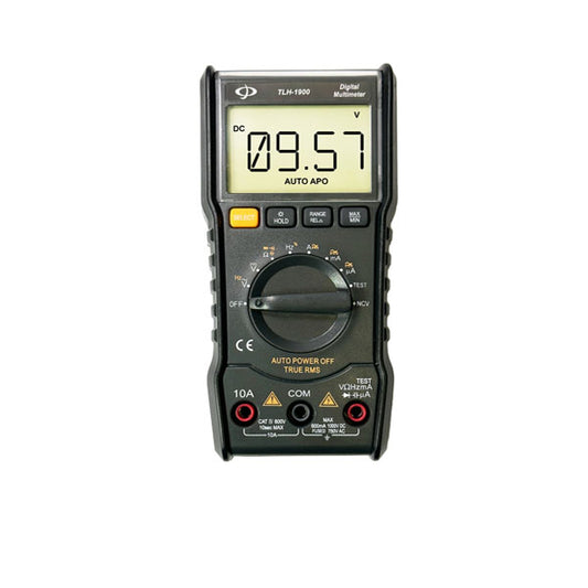 The INF Digital multimeter with test leads features an LED display showing 9.57, plus a rotary switch, multiple buttons, and labeled input ports for measuring AC/DC voltage and other electrical values.