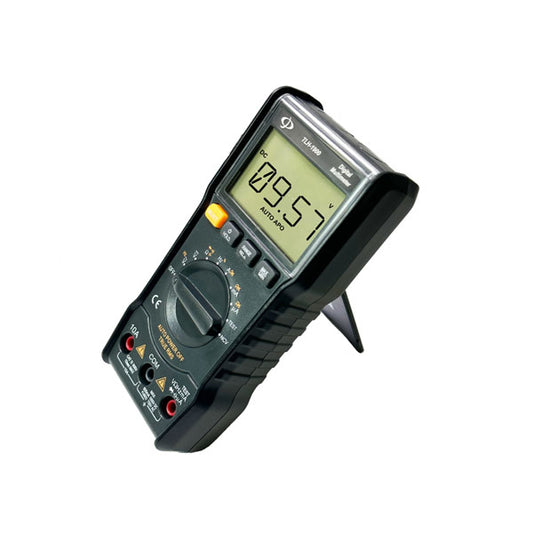 The INF Digital multimeter with test leads features an LED display showing 09.57, a rotary dial, input ports, and a built-in stand for angled viewing, all set against a white background.