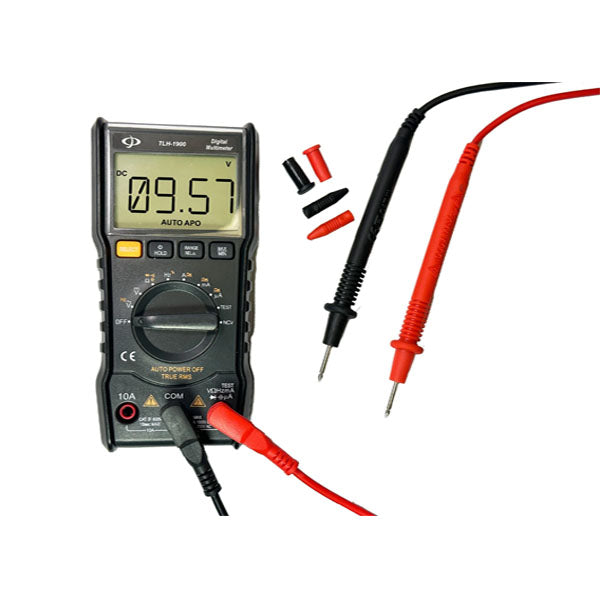 The INF Digital multimeter with test leads features an LED display reading 9.57, black and red probes for AC/DC voltage testing, extra probe covers nearby, all shown on a white background.
