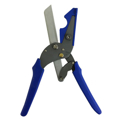 The INF Wiring Duct/Raceway Cutting Tool features blue handles and a silver blade, making it ideal for precisely cutting trim, molding, wiring duct, and similar materials at various angles.