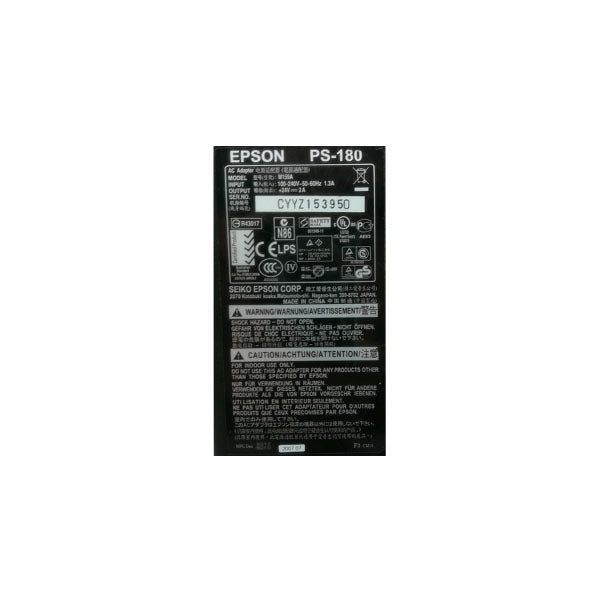 Close-up of a USED Like New Epson PS-180 power supply label showing model details, 24V 2A 50W specs, safety certifications, barcodes, and multilingual warnings for POS printer power adapter.