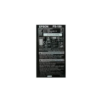 Close-up of a USED Like New Epson PS-180 power supply label showing model details, 24V 2A 50W specs, safety certifications, barcodes, and multilingual warnings for POS printer power adapter.