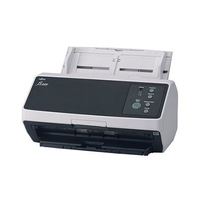 The PCPOS Systems Fujitsu FI-8150 is a document scanner with an open paper tray, black control panel, multiple buttons, and dual CIS technology for fast duplex scanning in offices or at home.