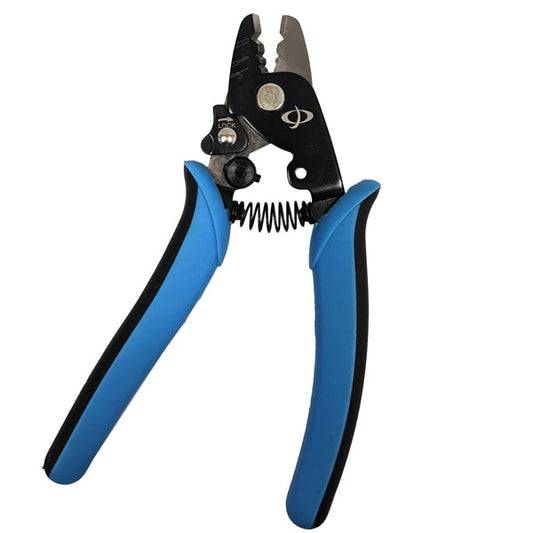 The INF Professional Fiber Optic Strip Tool features black and blue ergonomic handles, a spring mechanism, and notched blades for precise stripping of 2mm jackets, 900um buffers, and 250um coatings.