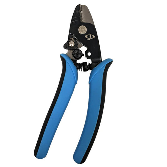 The INF Professional Fiber Optic Strip Tool features ergonomic blue and black handles and precise notched jaws for stripping 2mm jacket, 900um buffer, and 250um coating fibers.