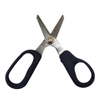 The INF General Purpose 5.8 inch Serrated Edge Scissors feature ergonomic black plastic handles and silver metal blades for comfortable, non-slip cutting, shown open against a white background.