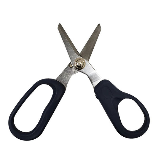 The INF General Purpose 5.8 inch Serrated Edge Scissors feature ergonomic black plastic handles and silver metal blades for comfortable, non-slip cutting, shown open against a white background.