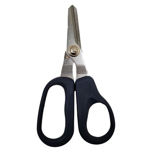 The INF General Purpose 5.8 inch Serrated Edge Scissors feature ergonomic handles with black plastic grips and are shown open against a white background.